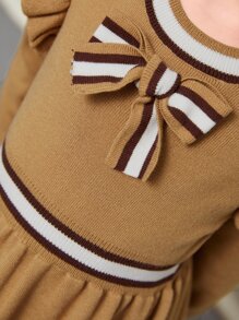 SHEIN Váy len cho bé gái Nơ Bướm Xù Sọc Sẵn sàng - Lạc đà - Xem 4