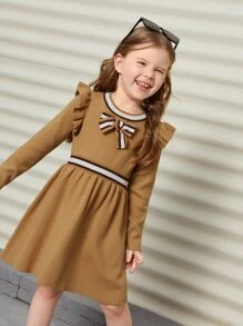 SHEIN Váy len cho bé gái Nơ Bướm Xù Sọc Sẵn sàng - Lạc đà - Xem 5