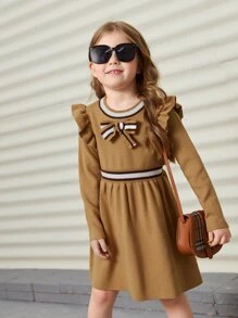 SHEIN Váy len cho bé gái Nơ Bướm Xù Sọc Sẵn sàng - Lạc đà - Xem 6