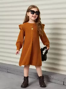 SHEIN Toddler Girls Ruffle Trim Cable Knit Jumper Dress - Ginger - View 1