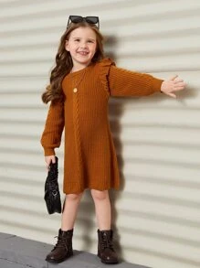 SHEIN Toddler Girls Ruffle Trim Cable Knit Jumper Dress - Ginger - View 3
