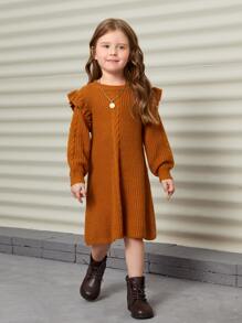 SHEIN Toddler Girls Ruffle Trim Cable Knit Jumper Dress - Ginger - View 4