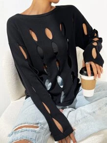 SHEIN Essnce Áo len hở vai thời trang thu đông - màu đen - Xem 4