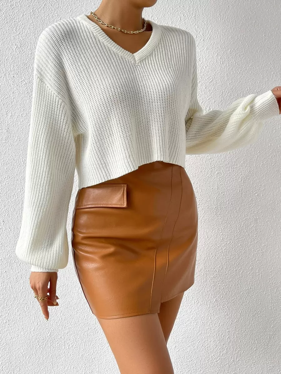 SHEIN Essnce V Neck Drop Shoulder Sweater - Beige - View 1