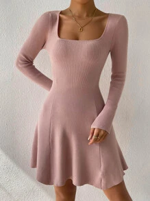 SHEIN Privé Square Neck Ribbed Knit Jumper Dress - Dusty Pink - View 4