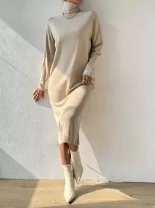 SHEIN Essnce Turtle Neck Drop Shoulder Slit Hem Jumper Dress Without Belt - Khaki - View 1