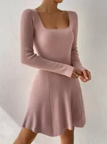 SHEIN Privé Square Neck Ribbed Knit Jumper Dress - Dusty Pink - View 5