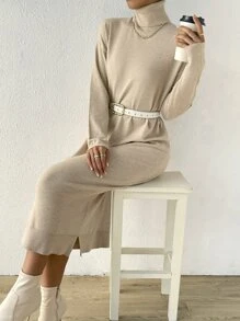 SHEIN Essnce Turtle Neck Drop Shoulder Slit Hem Jumper Dress Without Belt - Khaki - View 3