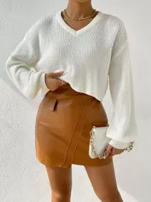 SHEIN Essnce V Neck Drop Shoulder Sweater - Beige - View 4