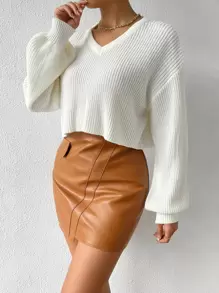 SHEIN Essnce V Neck Drop Shoulder Sweater - Beige - View 5
