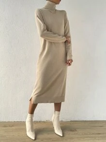 SHEIN Essnce Turtle Neck Drop Shoulder Slit Hem Jumper Dress Without Belt - Khaki - View 5