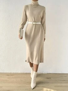 SHEIN Essnce Turtle Neck Drop Shoulder Slit Hem Jumper Dress Without Belt - Khaki - View 6