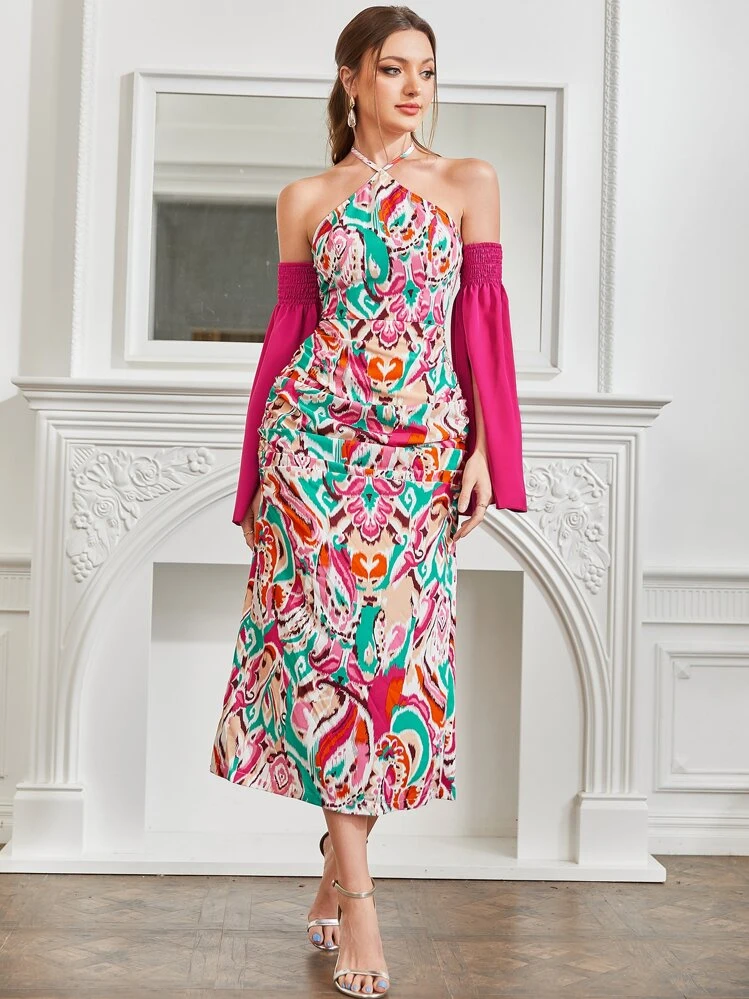 Modelyn Vestido de hombros descubiertos de espalda abierta con cordón con abertura trasera con estampado de dibujo - Multicolor - Ver 4