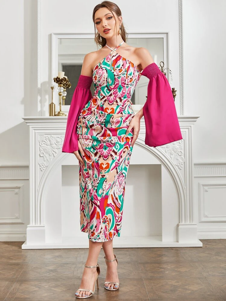 Modelyn Vestido de hombros descubiertos de espalda abierta con cordón con abertura trasera con estampado de dibujo - Multicolor - Ver 5