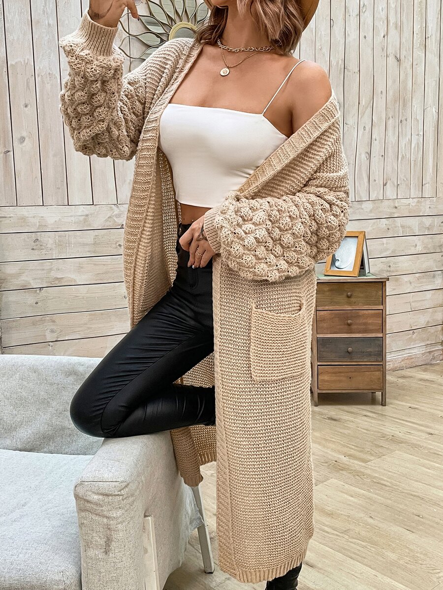 SHEIN Privé Dual Pocket Drop Shoulder Belted Cardigan - Khaki - View 1