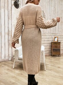 SHEIN Privé Dual Pocket Drop Shoulder Belted Cardigan - Khaki - View 2