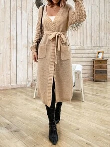 SHEIN Privé Dual Pocket Drop Shoulder Belted Cardigan - Khaki - View 3