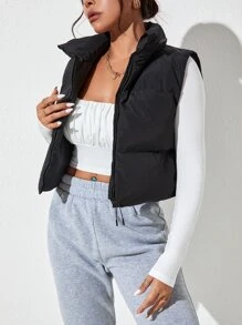 SHEIN PETITE Solid Zip Up Vest Padded Coat - Black - View 1