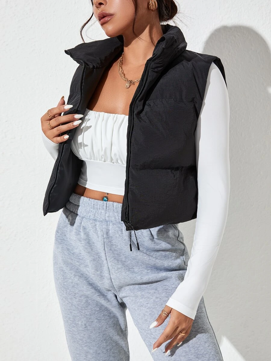 SHEIN PETITE Solid Zip Up Vest Padded Coat - Black - View 1