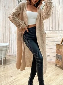 SHEIN Privé Dual Pocket Drop Shoulder Belted Cardigan - Khaki - View 4