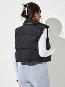 SHEIN PETITE Solid Zip Up Vest Padded Coat - Black - View 2