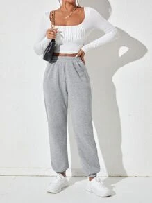 SHEIN PETITE Slant Pocket Elastic Waist Joggers - Light Grey - View 3