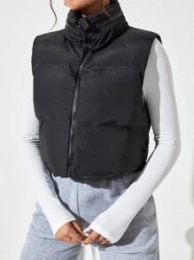 SHEIN PETITE Solid Zip Up Vest Padded Coat - Black - View 3