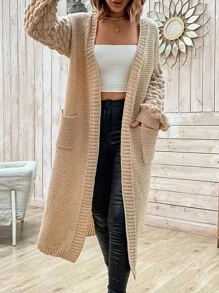 SHEIN Privé Dual Pocket Drop Shoulder Belted Cardigan - Khaki - View 6