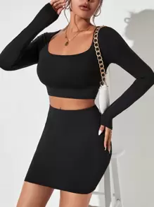 SHEIN PETITE Bộ đồ hai mảnh nữ màu trơn Giải trí Gợi cảm - màu đen - Xem 1