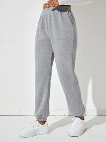 SHEIN PETITE Slant Pocket Elastic Waist Joggers - Light Grey - View 4