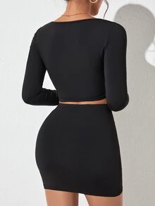 SHEIN PETITE Bộ đồ hai mảnh nữ màu trơn Giải trí Gợi cảm - màu đen - Xem 2