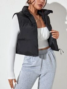 SHEIN PETITE Solid Zip Up Vest Padded Coat - Black - View 5
