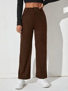 SHEIN PETITE 素色燈芯絨直筒褲 - 咖啡棕 - 查看 5