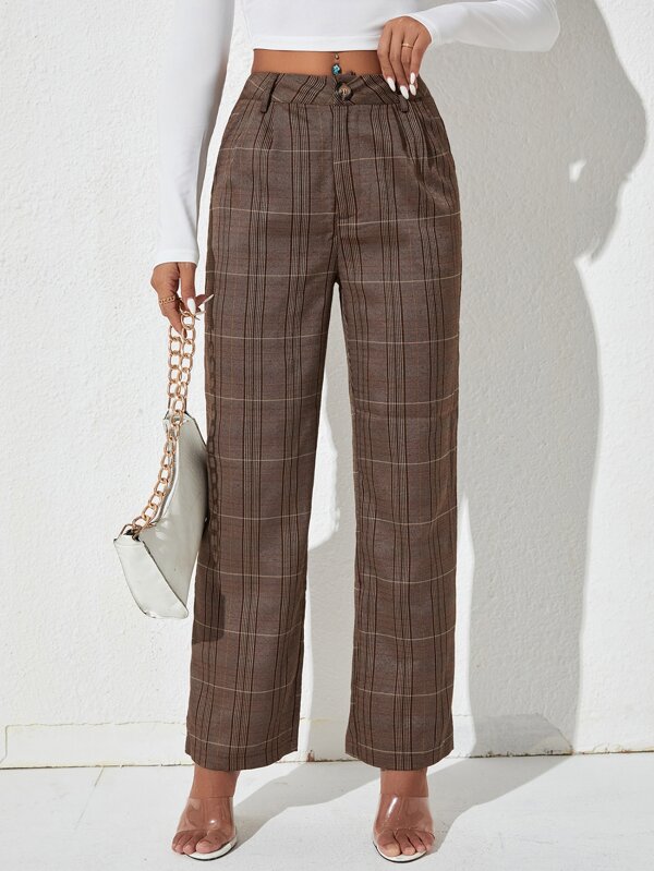 SHEIN PETITE Plaid Print High Waist Pants