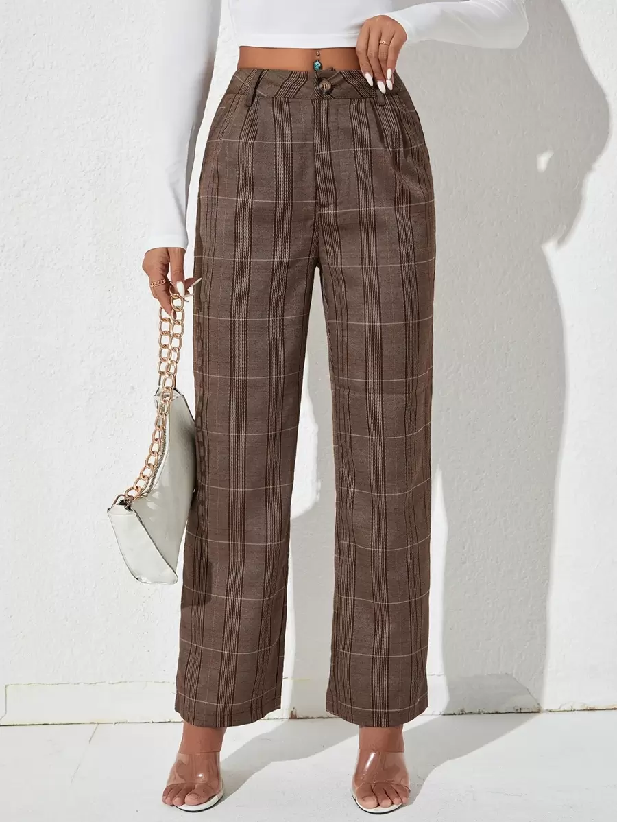 SHEIN PETITE 格紋印花高腰長褲 - 咖啡棕 - 查看 1