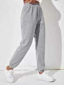 SHEIN PETITE Slant Pocket Elastic Waist Joggers - Light Grey - View 5