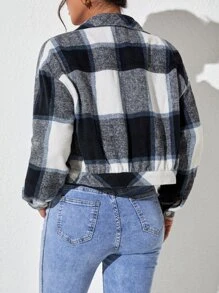 SHEIN PETITE 格紋印花落肩袖夾克