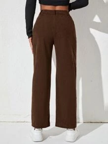 SHEIN PETITE 素色燈芯絨直筒褲 - 咖啡棕 - 查看 2