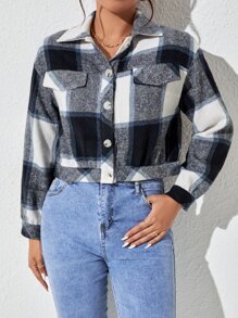 SHEIN PETITE 格紋印花落肩袖夾克