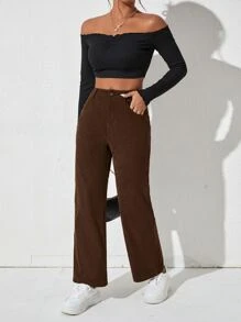 SHEIN PETITE 素色燈芯絨直筒褲 - 咖啡棕 - 查看 4