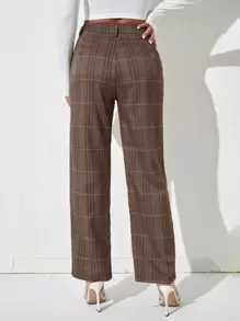 SHEIN PETITE 格紋印花高腰長褲 - 咖啡棕 - 查看 2