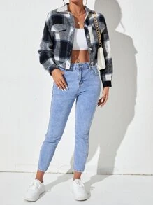 SHEIN PETITE 格紋印花落肩袖夾克