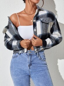 SHEIN PETITE 格紋印花落肩袖夾克