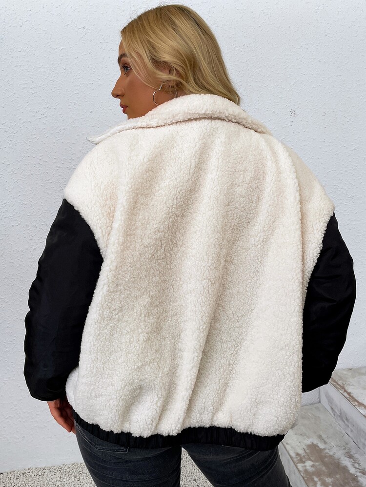 SHEIN EZwear Plus Two Tone Drop Shoulder Flannel Jacket - Black and White - View 2