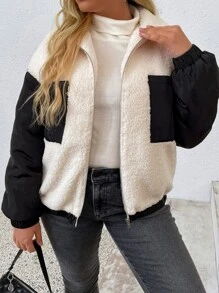 SHEIN EZwear Plus Two Tone Drop Shoulder Flannel Jacket - Black and White - View 3