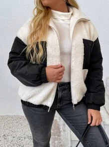 SHEIN EZwear Plus Two Tone Drop Shoulder Flannel Jacket - Black and White - View 4