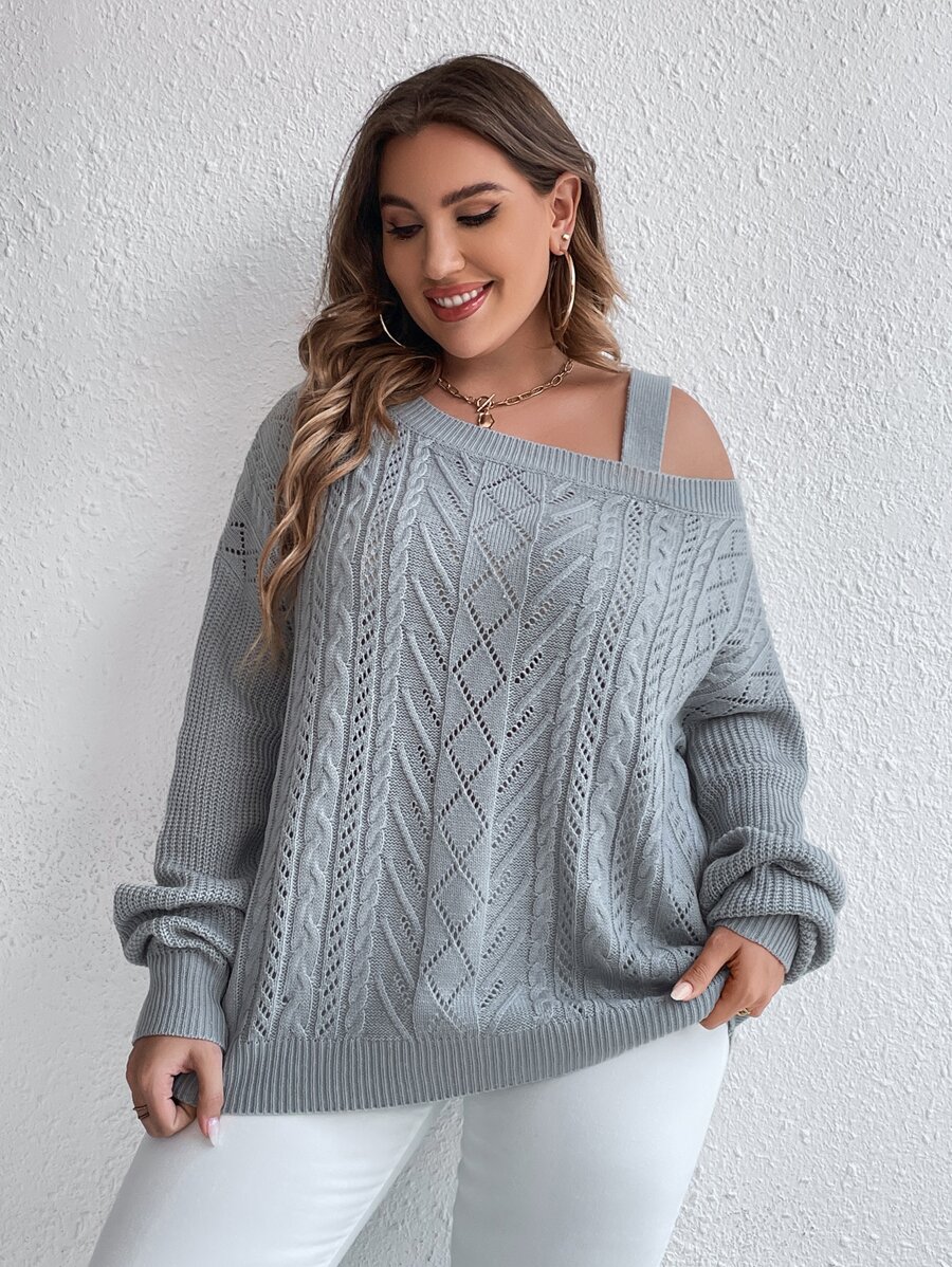 SHEIN Essnce Plus Cable Knit Asymmetrical Neck Drop Shoulder Jumper - Grey - View 1