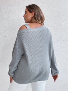 SHEIN Essnce Plus Cable Knit Asymmetrical Neck Drop Shoulder Jumper - Grey - View 2