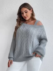 SHEIN Essnce Plus Cable Knit Asymmetrical Neck Drop Shoulder Jumper - Grey - View 4