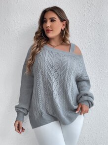 SHEIN Essnce Plus Cable Knit Asymmetrical Neck Drop Shoulder Jumper - Grey - View 5
